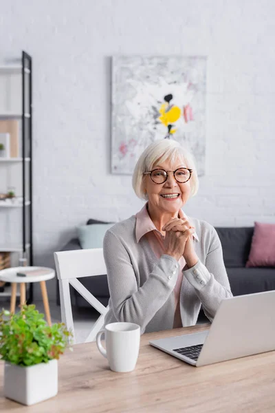 Mujer de pelo gris positivo sentado cerca de la computadora portátil y la taza en casa - foto de stock