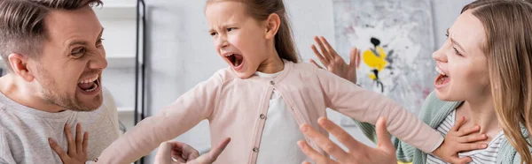 Screaming kid pushing away quarreling parents, banner — Stock Photo