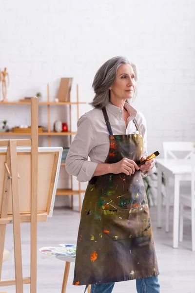 Artista de mediana edad complacido en delantal con derrames sosteniendo pincel en casa - foto de stock
