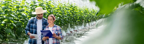 Межрасовые фермеры с цифровой планшет и буфер обмена в теплице на размытом переднем плане, баннер — стоковое фото