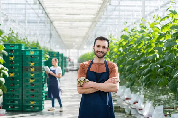 Joyful farmer smiling at camera while african american colleague working on blurred background — Stock Photo