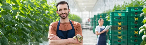 Happy farmer smiling at camera near african american colleague on blurred background, banner — Stock Photo