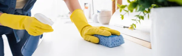 Vista recortada de la mujer limpieza encimera de la cocina con esponja y detergente, pancarta - foto de stock