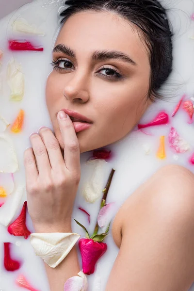 Seductive woman in milk bath with rose petals touching lips while looking at camera — Stock Photo