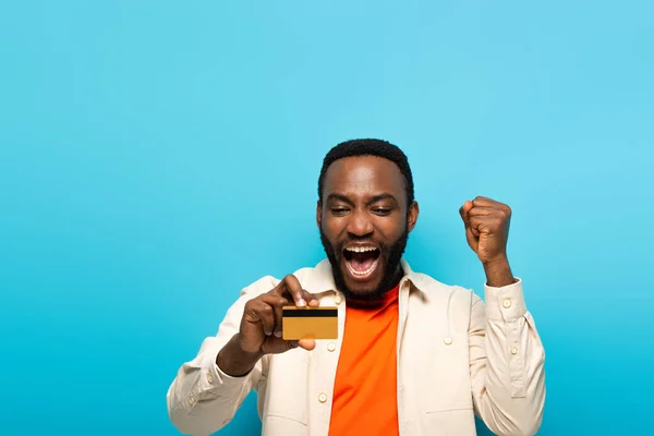 Excited african american man with credit card screaming and showing rejoice gesture  isolated on blue — Stock Photo