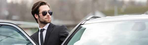 Hombre barbudo en traje y gafas de sol sentado en coche moderno, bandera - foto de stock