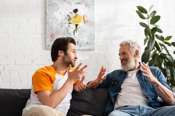 Mature father and son talking in living room — Stock Photo