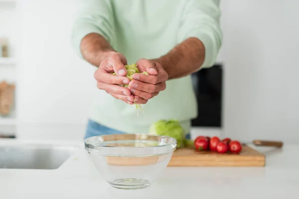 Vista recortada del hombre borroso preparando ensalada de verduras frescas en la cocina - foto de stock