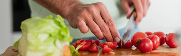 Vue partielle de l'homme coupant des légumes frais dans la cuisine, bannière — Photo de stock