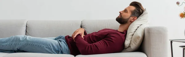 Seitenansicht eines erwachsenen Mannes, der zu Hause auf der Couch schläft, Banner — Stockfoto