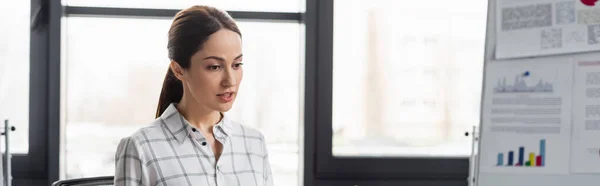 Mujer de negocios mirando hacia otro lado cerca borrosa rotafolio, pancarta - foto de stock