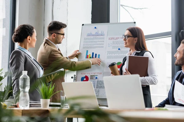 Uomini d'affari multietnici che lavorano con grafici su flipchart in ufficio — Foto stock