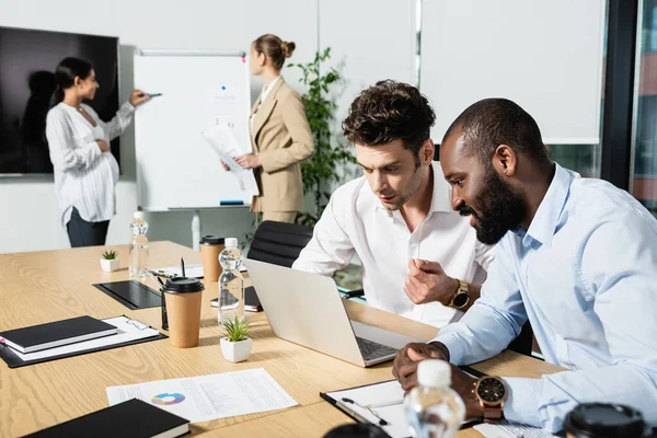 Interracial businessmen looking at laptop near blurred businesswomen near flip chart — Stock Photo