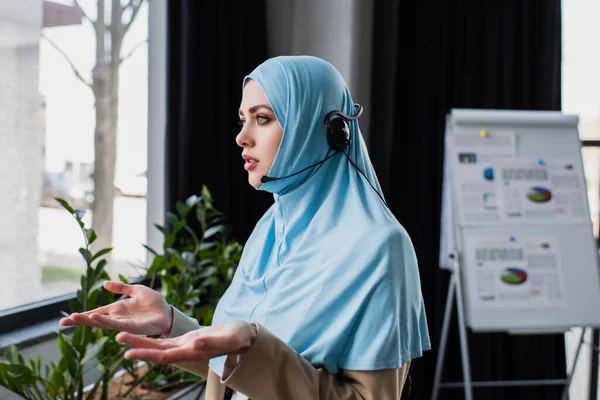 Giovane donna musulmana gesticolare mentre lavora in call center — Foto stock