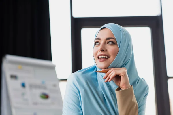 Feliz mulher de negócios árabe no hijab segurando caneta enquanto olha para longe no escritório — Fotografia de Stock