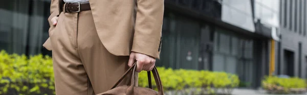 Vista cortada de homem de negócios em terno segurando saco de couro e de pé com a mão no bolso na rua urbana, banner — Fotografia de Stock