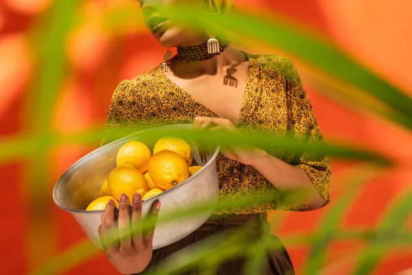 Teilansicht einer afrikanisch-amerikanischen Frau, die eine Metallschale mit Zitronen hinter Palmblättern auf Orange hält — Stockfoto