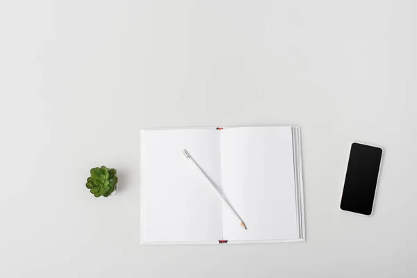 Top view of notebook with pencil, green plant and smartphone with blank screen isolated on white — Stock Photo