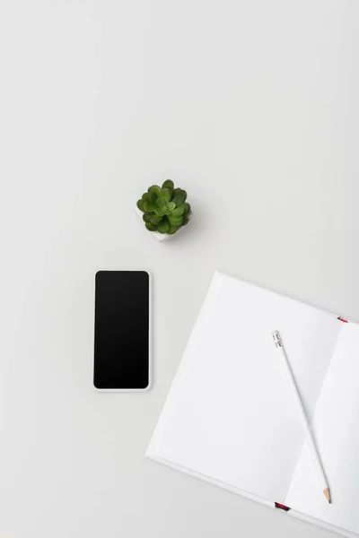 Tendido plano con cuaderno con lápiz, planta verde y teléfono inteligente con pantalla en blanco aislado en blanco - foto de stock
