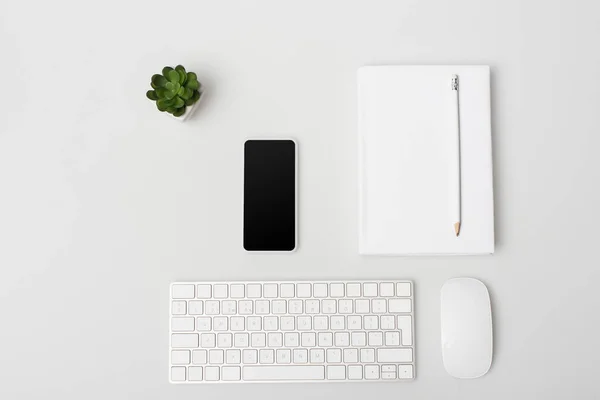 Plano con teléfono inteligente cerca del ratón de la computadora, teclado, portátil y planta aislada en blanco - foto de stock