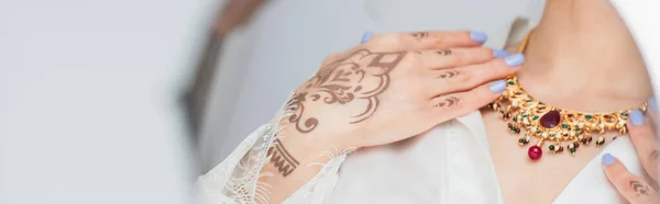 Reflection in mirror of young indian bride wearing necklace on white, banner — Stock Photo