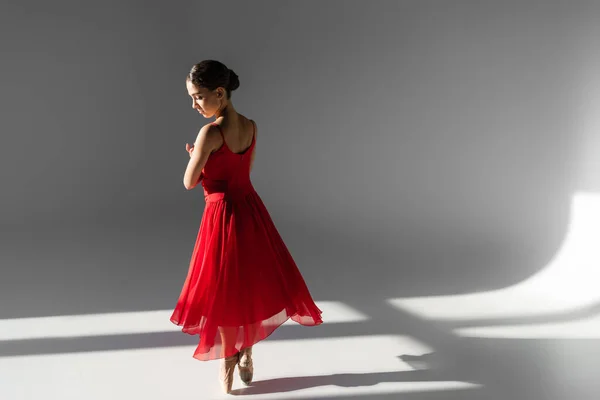 Side view of professional ballerina dancing in red dress on grey background with sunlight — Stock Photo