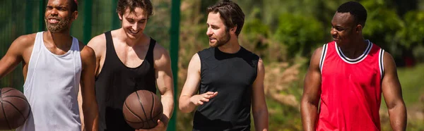 Desportistas multiétnicos positivos com bolas de basquete falando ao ar livre, banner — Fotografia de Stock