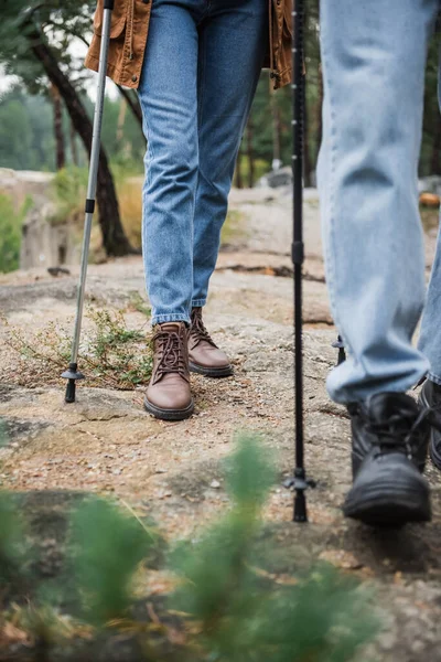 Cropped view of young couple walking with hiking sticks on rocky ground — Stock Photo