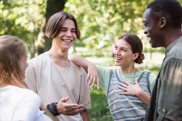Sorrindo menino falando com interracial teen amigos no foreground embaçado no parque — Fotografia de Stock