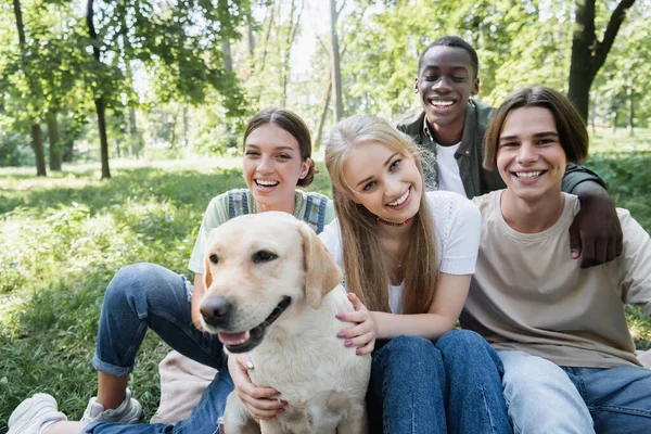Sorrindo interracial adolescentes olhando para a câmera perto retriever borrado no parque — Fotografia de Stock