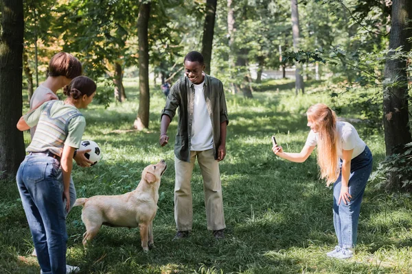 Adolescentes com smartphone e bola de futebol em pé perto de amigo americano africano com retriever no parque — Fotografia de Stock