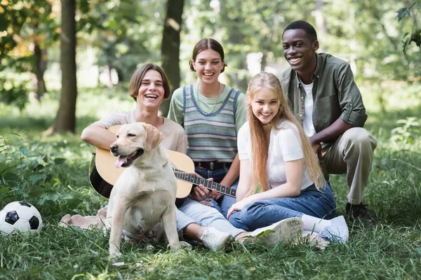 Sonrientes adolescentes interracial con recuperador y guitarra acústica mirando a la cámara en el parque - foto de stock