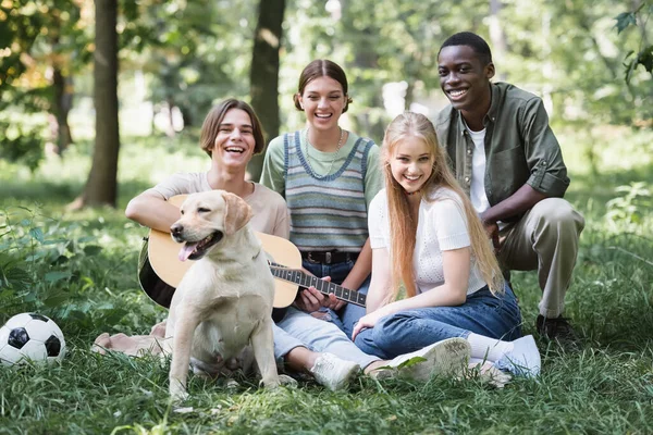 Sonrientes adolescentes interracial con recuperador y guitarra acústica mirando a la cámara en el parque — Stock Photo