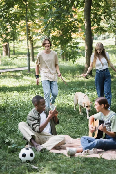 Adolescents souriants parlant près de retriever et ami multiethnique flou avec guitare acoustique sur herbe — Photo de stock