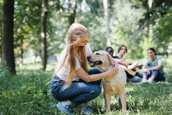 Sonriente adolescente acariciando retriever en el césped en el parque — Stock Photo