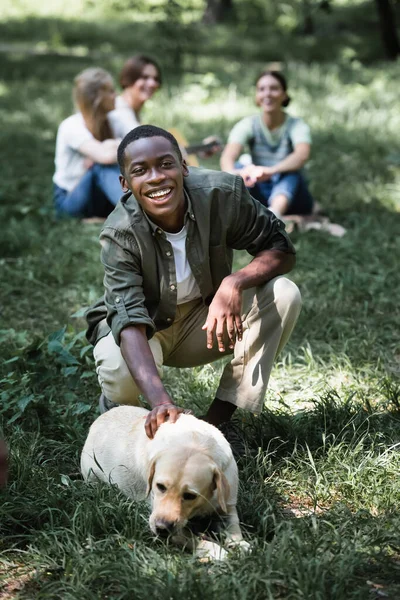 Sonriente afroamericano adolescente mirando a la cámara cerca de retriever en el césped - foto de stock