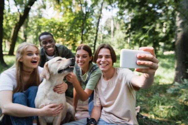 Smartphone in hand of smiling teenager taking selfie with multiethnic friends and retriever in park — Stock Photo