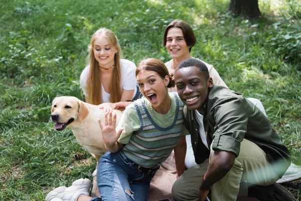 Happy multiethnic teen friends looking at camera near retriever on lawn — Stock Photo