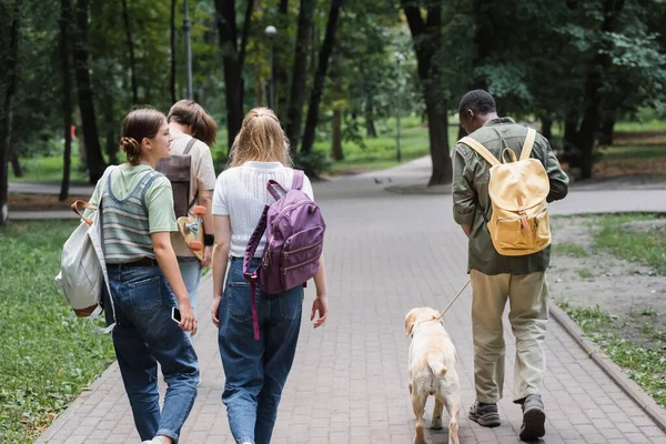 Multiethnic teenagers with backpacks and retriever walking in park — Stock Photo