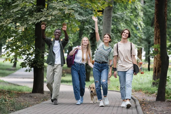 Glückliche multiethnische Teenager mit Retriever und Skate winken im Park — Stockfoto