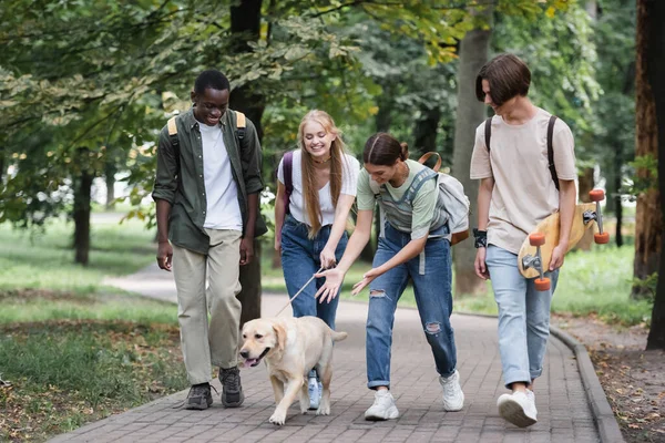 Adolescenti interrazziale con zaini guardando retriever nel parco — Foto stock