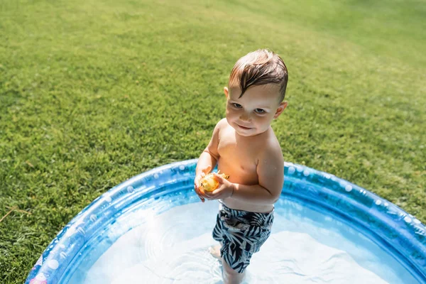 Високий кут зору малюка в купальниках, що стоїть в надувному басейні з гумовою іграшкою — стокове фото