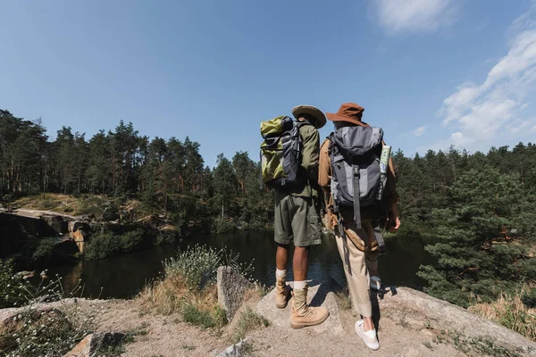 Visão traseira de caminhantes multiétnicos com mochilas em pé na rocha perto do lago e da floresta — Fotografia de Stock