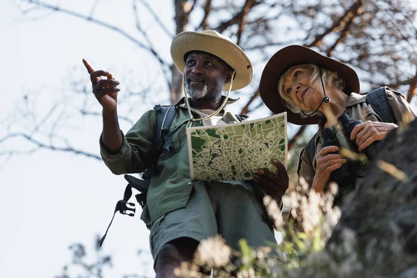 Low angle view of african american hiker with map pointing with finger near senior wife with binoculars in forest — Stock Photo