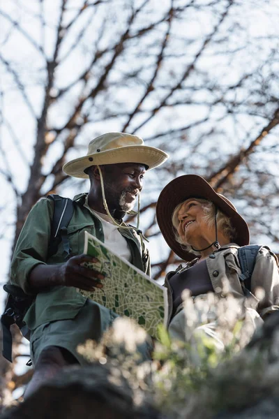 Vue en angle bas d'un randonneur afro-américain souriant tenant une carte près d'une femme aînée dans une forêt — Photo de stock
