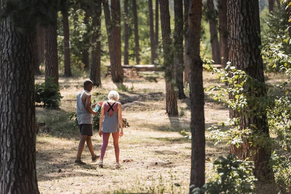 Couple interracial en tenue de sport marchant en forêt — Photo de stock