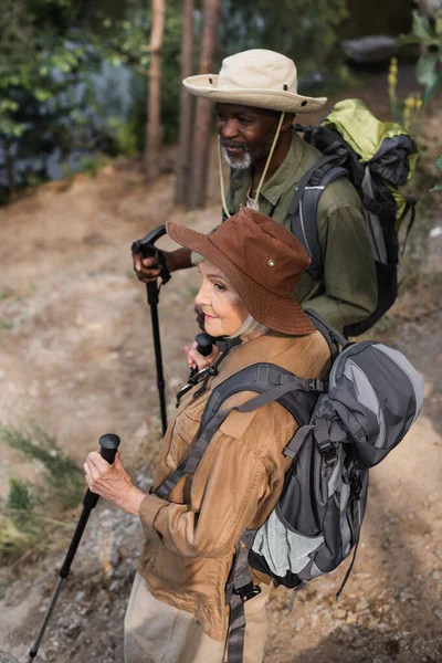 Vista de ángulo alto de excursionistas interracial con postes de trekking de pie en el bosque - foto de stock