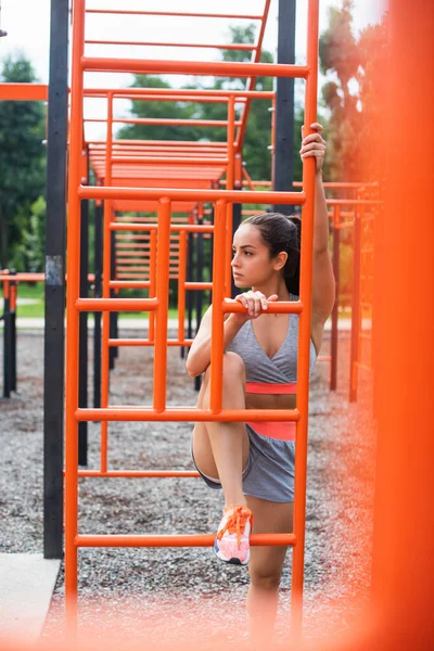 Mujer en ropa deportiva ejercitando cerca de escalera vertical exterior - foto de stock