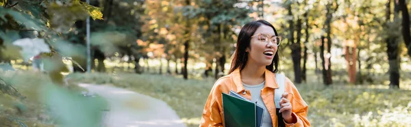 Allegra donna asiatica con gli occhiali in mano notebook e guardando lontano nel parco, striscione — Foto stock