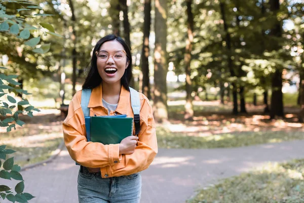 Allegro asiatico studente ridere a macchina fotografica mentre in piedi in parco con copia libri — Foto stock